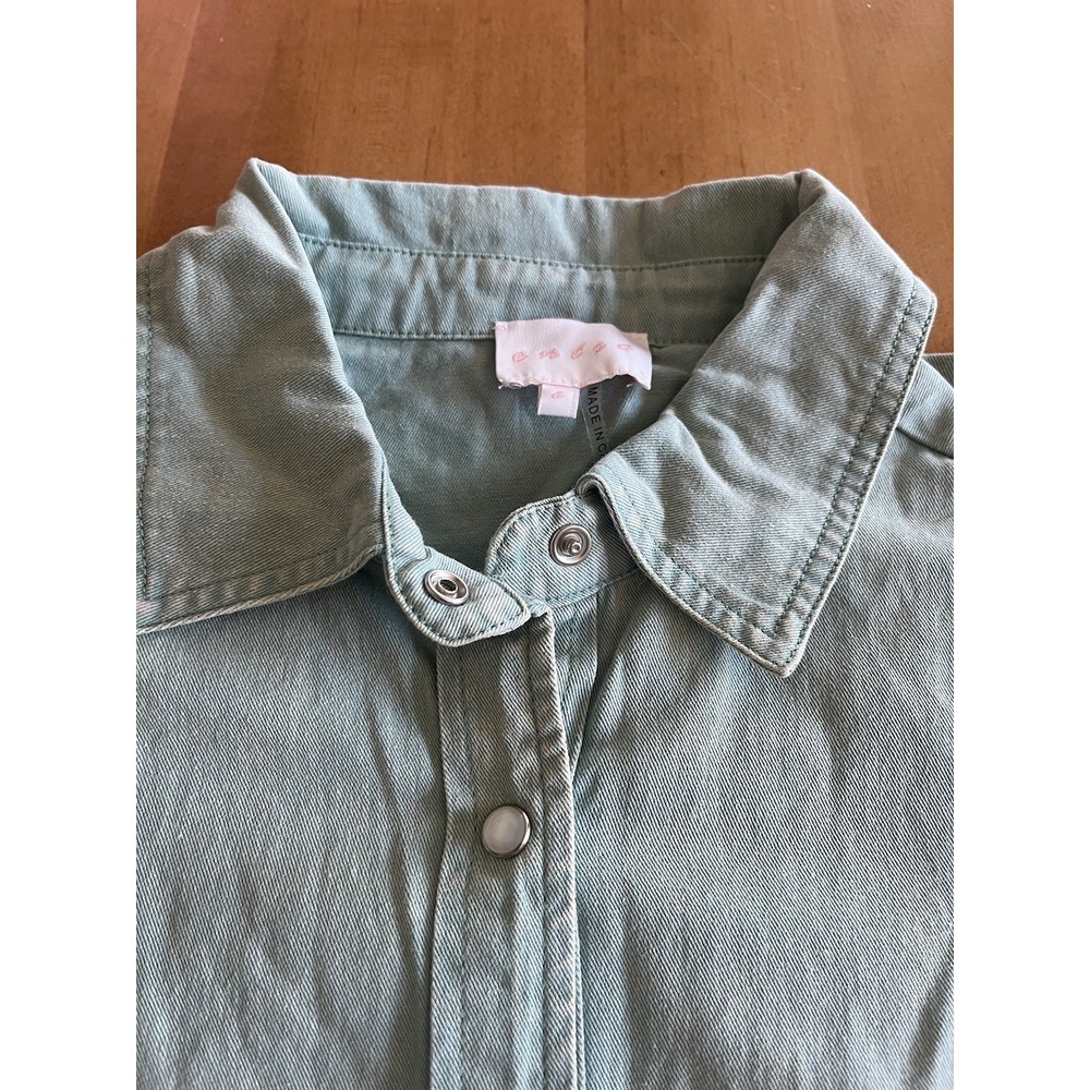 Entro Womens S Green Denim Blouse Puff Sleeve Snap Front 100% Cotton Cottagecore - Picture 2 of 11